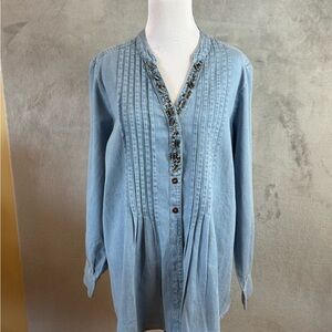 Roaman’s 18W Blue Denim Tunic Top Embellished Beaded Pintuck Cotton Blouse